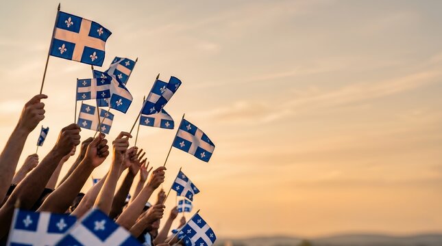 Group of People Holding Quebec Flags During Sunset Celebration Event