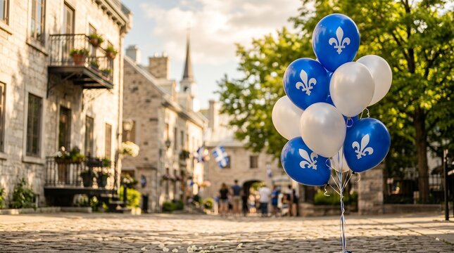 Blue and White Balloons with Fleur de Lis Symbol Floating in Old Town Quebec City