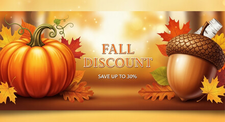 Autumn Fall Discount Sale Banner with Pumpkin and Acorn. © jamingan