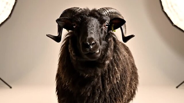 Profile portrait of a black ram with curved horns.