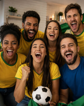 Grupo de torcedores brasileiros felizes em clima de copa