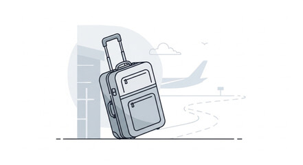 A single wheeled suitcase stands ready for travel near an airplane. © jamingan