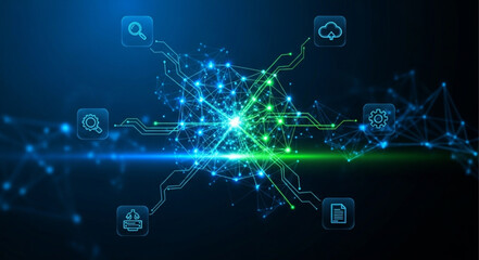 Obraz premium Abstract Digital Network Connection with Glowing Lights and Icons.