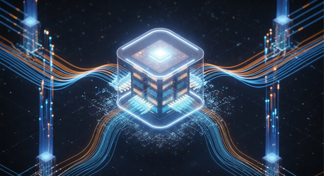 Abstract Digital Data Flow Through Futuristic Server Technology.