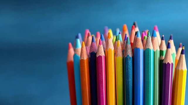 Colorful Pencils Arranged in a Vibrant Display on a Blue Background