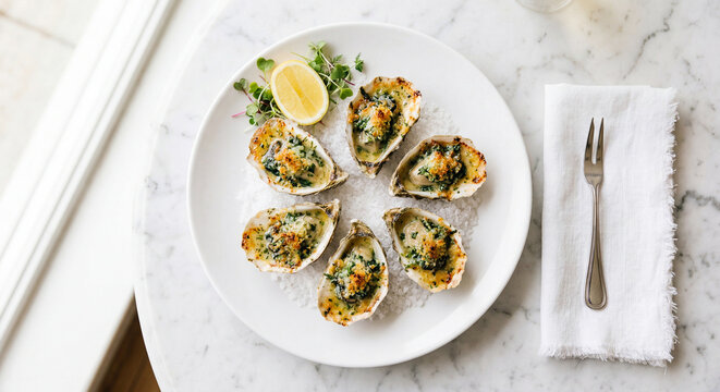 Six classic Oysters Rockefeller with herb butter spinach and breadcrumb crust on sea salt bed with lemon