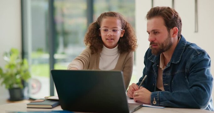 Homework, laptop and child with dad for help with studying, assignment and quiz for elearning. Family, home and father with girl on computer for education, knowledge and teaching for language test