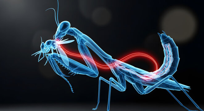 3D holographic illustration of a praying mantis capturing and consuming prey