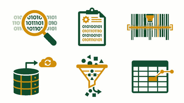 Set of data processing and analysis icons featuring magnifying glass binary code clipboard barcode cloud storage funnel filter and spreadsheet chart