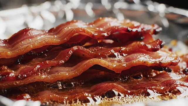 Crispy bacon strips sizzling with grease in a pan