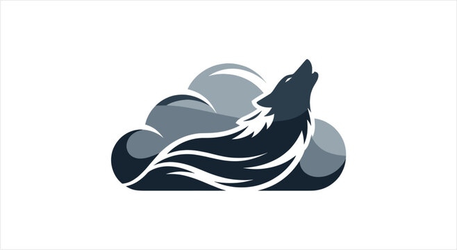 Silhouette of a wolf howling at the moon in the clouds.