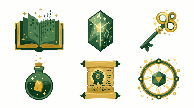 Set of fantasy digital icons featuring a binary code book a green crystal a golden key a potion bottle a scroll and a geometric compass