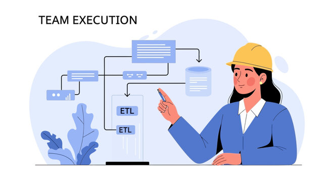 Businesswoman with Hard Hat Explains Data Flow Chart