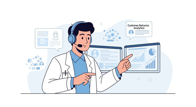 Customer Behavior Analytics Specialist Explaining Data Charts on Computer Screens