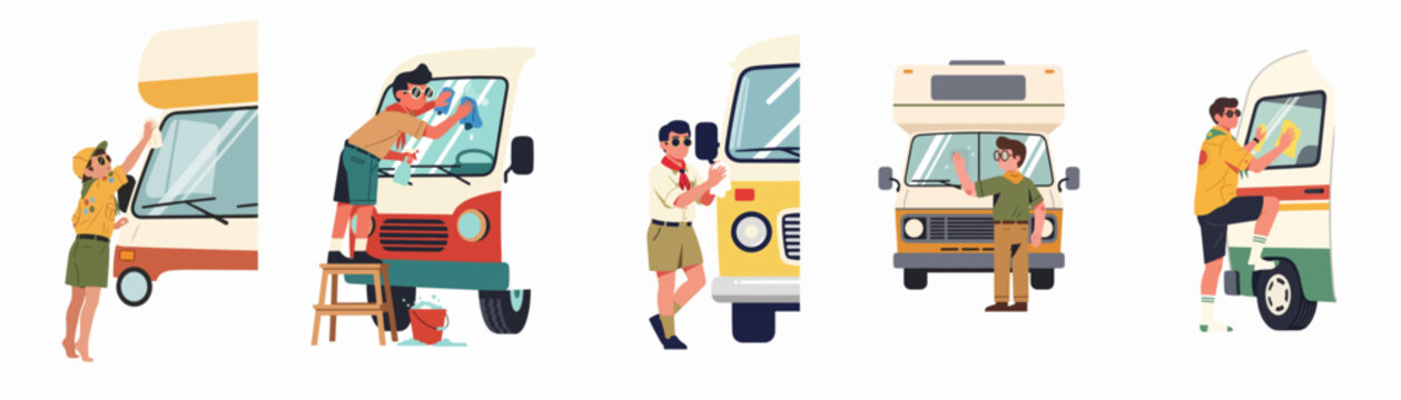 Set of illustrations depicting boy scouts cleaning and washing various camper vans and motorhomes, showcasing outdoor activities and vehicle maintenance.