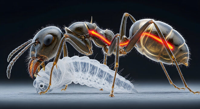Macro illustration of a translucent black ant tending to a glowing white larva