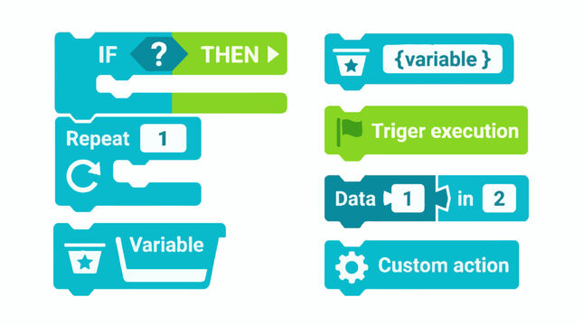 Visual programming block elements for coding education and software development logic