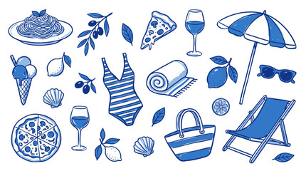 Blue and white illustrations of summer vacation essentials and culinary delights © matahari