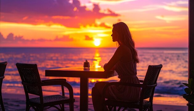 夕焼けのビーチカフェテラスで海を眺める女性シルエット