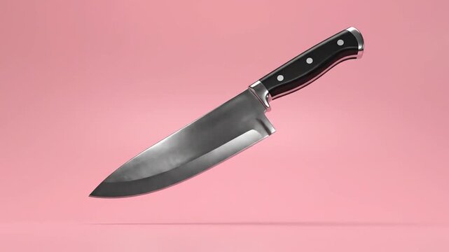 Sharp chef knife floating on pink background
