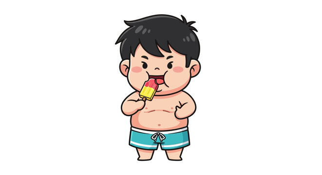 Cute cartoon boy happily eating corn on cob.