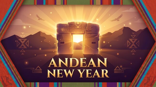 Andean new year celebration with gate of the sun illustration