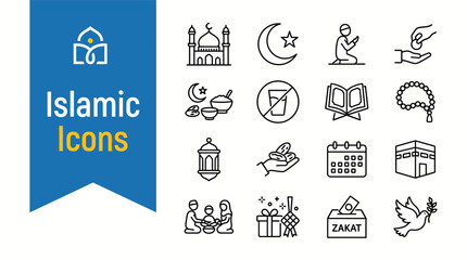 Fototapeta premium Vector Set of Modern Line Icons Representing Islamic Faith and Traditions