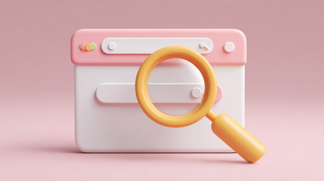 Cute 3D magnifying glass hovering over a web browser search interface