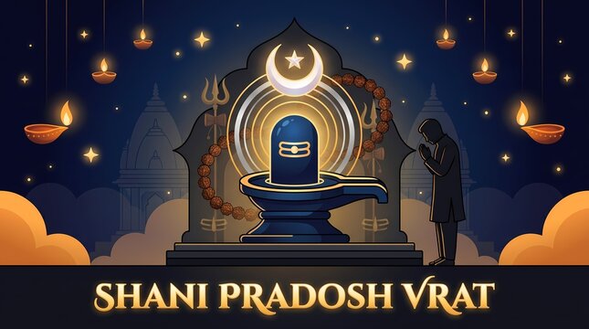 Shani pradosh vrat illustration with lord shiva lingam and devotee praying in a temple background