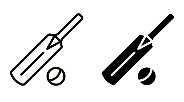 Simple black and white line and solid icons representing cricket bat and ball for game play and sports activity