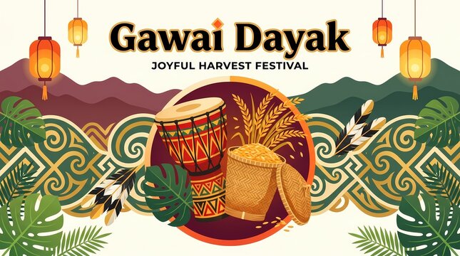 Gawai dayak joyful harvest festival illustration with traditional drum and paddy basket