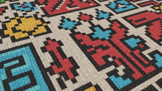 Pixel art embroidery pattern with colorful retro folk ornaments
