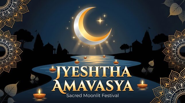 Jyeshtha amavasya sacred moonlit festival with glowing oil lamps and crescent moon over a river