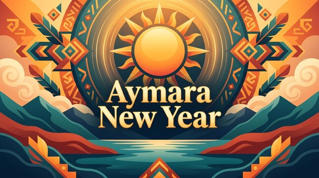 Aymara new year celebration with sun symbol, andean mountains, and traditional indigenous patterns in vibrant colors