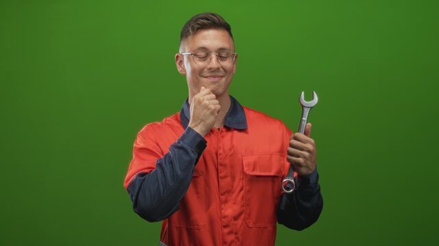 Man in orange coverall holding wrench with hand on chin in studio with green screen; thoughtful pondering repair.