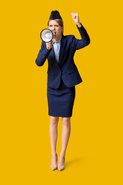 Protesting female stewardess shouting into megaphone on yellow background