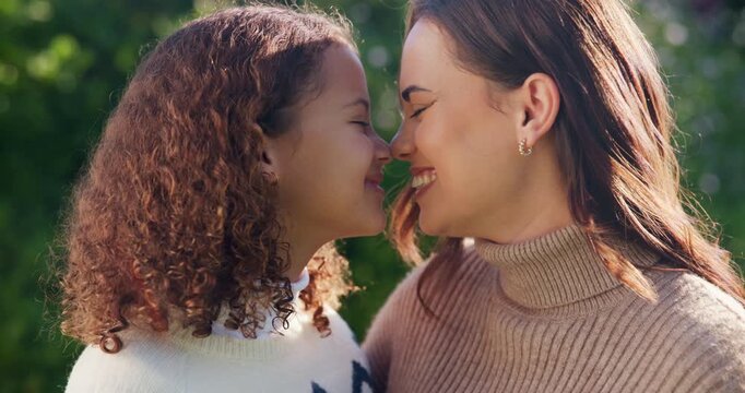 Outdoor, bonding and mom with child, house and relax with daughter and happy with family connection. Woman, love and embrace with kid in backyard, mother and nose touch with girl on weekend at home