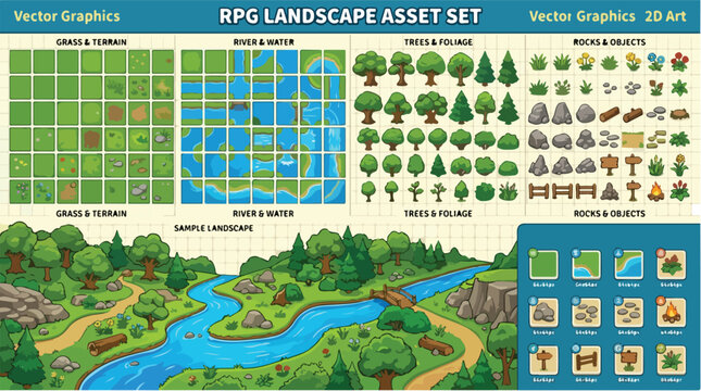 RPG Landscape Asset Set for 2D Game Design, Cartoon Nature Tiles with Trees and River, Fantasy World Map Creator Vector Graphics