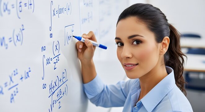 Female math teacher writing complex calculus formulas on whiteboard smiling at camera in classroom