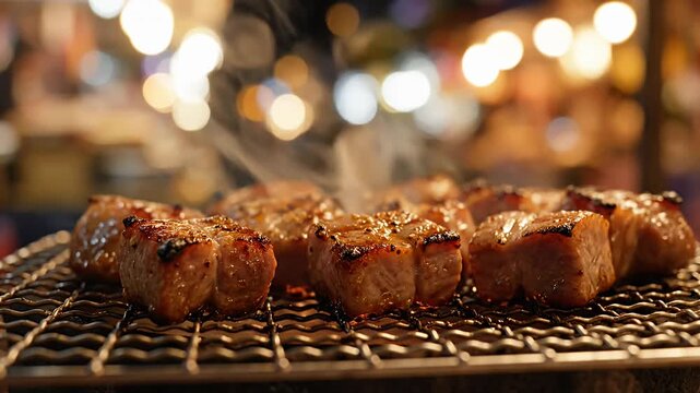 Grilled meat chunks on a wire rack at night.