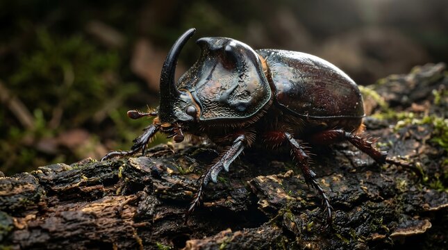 Rhinoceros Beetle Oryctes nasicornis on Mossy Wood in Natural Habitat