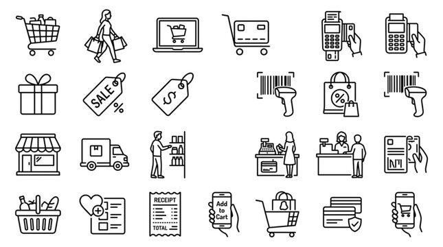 Colorful flat icons depicting various office and home tasks like working, shopping, cooking, and leisure activities in a clean style.