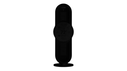 Minimalist black cylindrical speaker standing upright on a clean surface, modern design with a sleek base. © AHASAN
