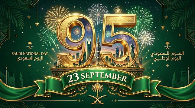 95th saudi national day celebration gold typography design