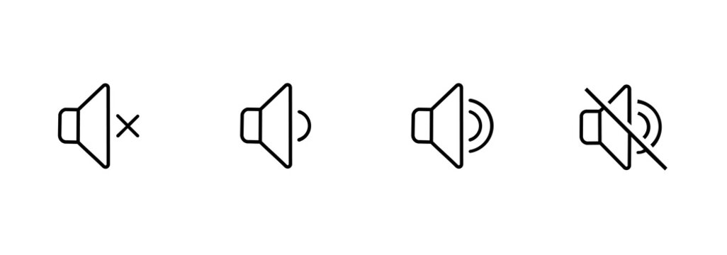 Speaker icon set. Music volume symbols for apps and websites, a package of illustrations in line style.