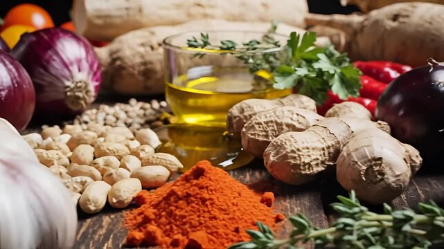 Assortment of Fresh Vegetables and Spices on a Wooden Surface.