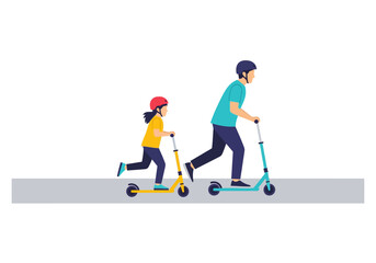 Obraz premium Father and Child Riding Scooters Together Outdoor Family Activity