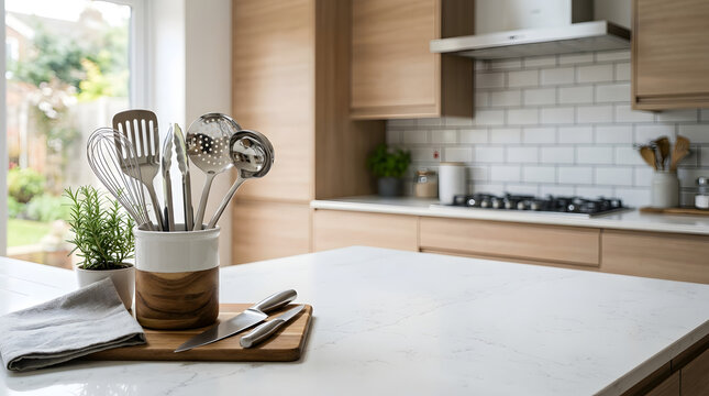 Minimalist kitchen counter with cooking utensils and white tile backsplash.