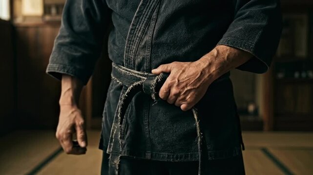 A martial arts practitioner meticulously fastens their black belt, a symbol of dedication and mastery in a disciplined dojo setting.