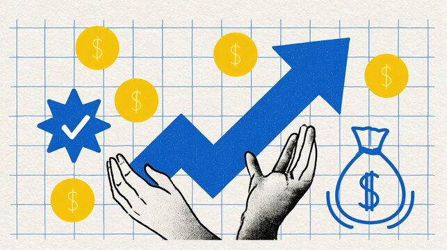 Vibrant digital illustration on graph paper texture, solid blue upward growth arrow supported by monochrome hands, yellow dollar coins, star checkmark and money bag graphic for financial growth